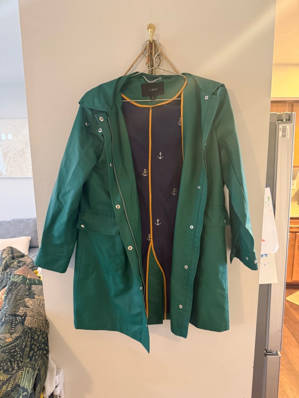 J. Crew Green Hooded Trench Coat with Nautical-Lined Interior